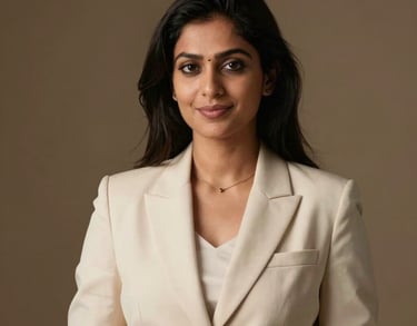 Professional studio portrait of a South Asian female professional in a cream-colored business suit, warm lighting, approachable and professional.