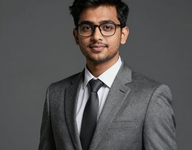 Professional studio portrait of a young South Asian male executive with glasses, wearing a sharp grey suit and a confident expression.