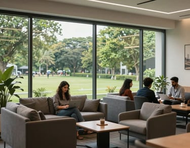 A modern employee lounge area with comfortable seating, large windows overlooking a green Indian office park, emphasizing well-being.