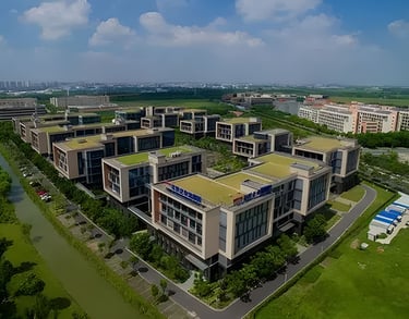 a large building with a green roof and a green roof