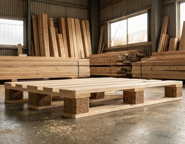 採用合成壓縮木腳柱的出口型木棧板 (Wooden Pallet with Composite Blocks)，符合國際物流規範，適合貨櫃運輸與倉儲堆疊。