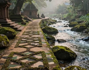 A detailed, professional photograph capturing a serene outdoor meditation setting tailored for a Global / South Asian spiritual audience. A stone-paved path featuring disciplined, organic geometric patterns resembling military camouflage weaves alongside a flowing, crystal-clear river. In the background, ancient temple structures are partially visible through soft morning mist. The color scheme is dominated by deep olive green foliage, medium olive green mossy rocks, muted brown wood, warm sand pathways, and light cream water spray, under a soft light that creates a deeply transcendent, contemplative atmosphere.