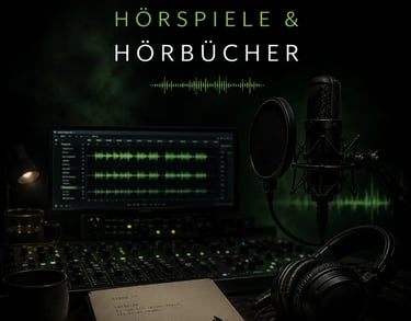 Professional recording studio setup for audio dramas and audiobooks with microphone, headphones, and sound waves.