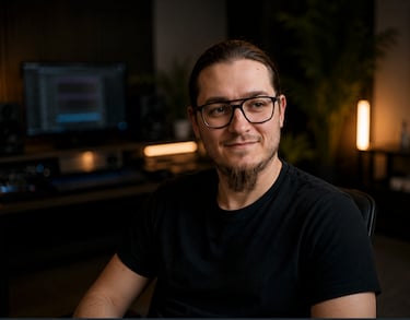 A male music producer with glasses sitting in a dark professional home recording studio.