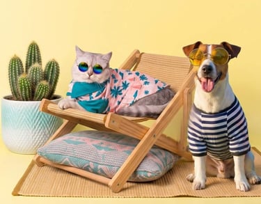 Un gato elegante y un perro Jack Russell con gafas de sol y ropa de verano sentados en una silla de
