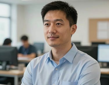 A professional headshot of a male workforce trainer in a light blue shirt, looking approachable and helpful, shot in a well-lit North American workspace.