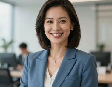 A professional headshot of a female career director in a slate blue blazer, smiling warmly in a bright North American office setting with a soft-focus background.