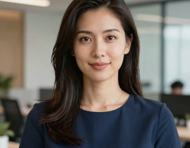 A professional headshot of a female HR specialist with a confident expression, wearing a navy blue top, set against a modern office interior.