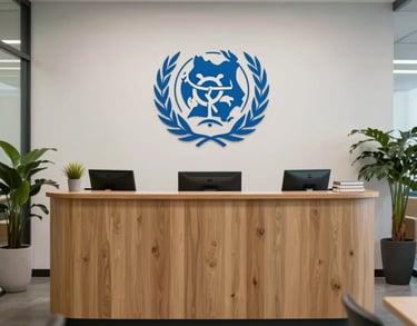 A welcoming reception area in a North American NGO office, featuring minimalist design and professional decor with a sense of clarity and hope.