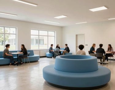 A wide-angle photograph of an open-plan community center in the US with clean off-white walls, large windows, and modern sky blue seating areas for collaboration.