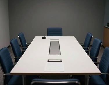 A photography shot of a sleek conference room with dark blue chairs and a white table, used for career seminars and interview coaching sessions.