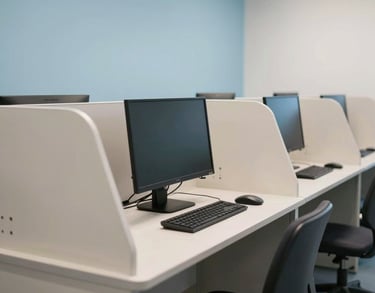 Interior shot of an accessible computer lab with modern technology and ergonomically designed stations, featuring off-white and light blue color tones.
