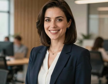 A professional headshot of a female community manager with a friendly smile, standing in a contemporary office space with wooden accents.