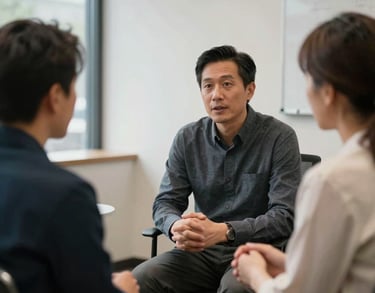 A private one-on-one coaching office designed for focused dialogue, featuring clean lines and a professional, approachable North American atmosphere.