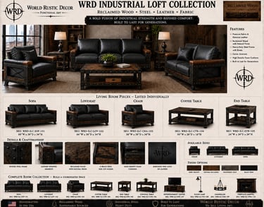 World Rustic Decor industrial loft collection featuring reclaimed wood and black leather sofa, loveseat, and coffee table.