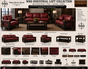 World Rustic Decor industrial loft collection featuring red leather sofas with reclaimed wood and steel frames.