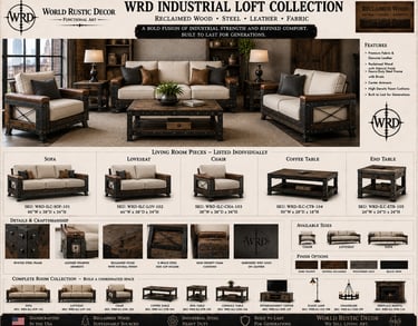Industrial loft living room furniture collection featuring reclaimed wood and leather sofas with riveted steel frames.