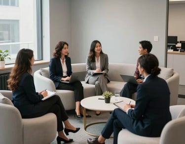 A high-angle photography shot of a collaborative lounge area in a modern North American office. Soft light reflects off light grey walls and off-white furniture, creating a calm and professional atmosphere.