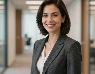 A professional headshot of a smiling woman in a dark grey blazer, standing in a brightly lit North American office corridor with soft focus in the background.