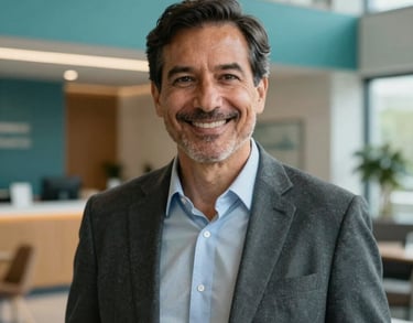 A professional headshot of a mature man in business casual clothing, smiling confidently in a modern North American office lobby with teal accents and warm, natural light.