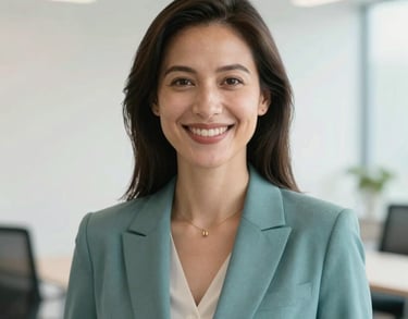 A professional headshot of a woman in modern business attire, smiling warmly in a bright, clean North American office environment with soft teal and off-white colors.