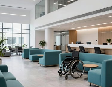 A bright photography shot of a modern office lobby in North America, featuring clean lines, light grey flooring, and comfortable teal seating areas designed for accessibility.