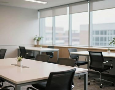 A lifestyle photography shot of a clean, modern breakroom in a North American office, with off-white tables and large windows letting in abundant natural light.