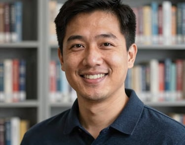 A professional headshot of a person in a North American educational setting, smiling and looking into the camera, with a background of light grey bookshelves.