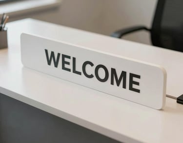 A close-up photograph of a clean, minimalist welcome desk in an employment agency. The setting is North American, featuring polished surfaces in off-white and subtle dark grey accents, with soft natural lighting.