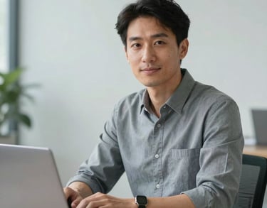 A professional headshot of a person working at a desk with a laptop, looking approachable and confident. The background is a clean North American office with light grey tones.