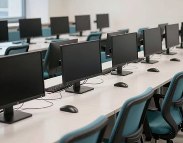 A photography shot of a bright, modern computer lab in the US, with rows of clean off-white desks and teal ergonomic chairs, suggesting a focus on technology and education.