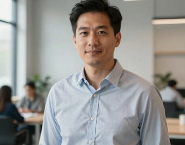 A professional headshot of a man in a smart casual shirt, standing in a bright North American coworking space with soft daylight and clean light grey architecture.