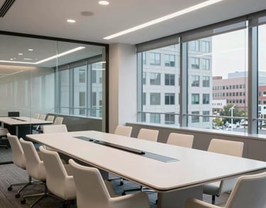 A wide photography shot of a bright conference room in a US professional building, featuring glass walls, off-white furniture, and a view of light grey urban architecture.