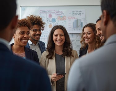 group of professional people in front of a whiteboard