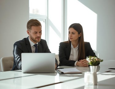 man and woman at a laptop with notebook