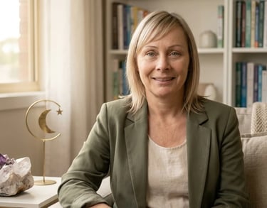 Retrato profesional y compasivo de Hana Terapeuta en su consulta,  sesión de terapia regresiva