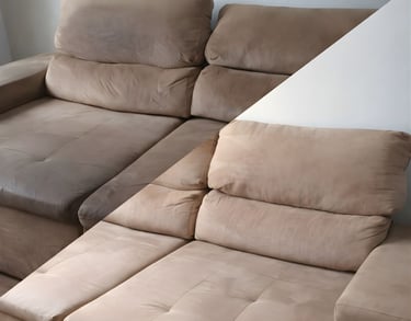 Antes e depois da limpeza profissional do sofá bege