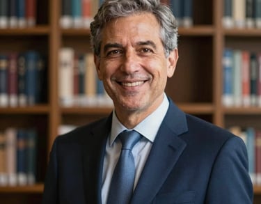 A professional portrait of an academic leader in a dark blue business suit, smiling confidently in front of a blurred bookshelf background. North American / International professional style.