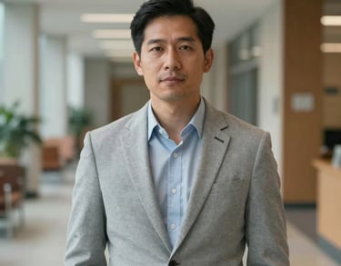 A portrait of a male educator in a light gray blazer standing in a modern university hallway. He looks towards the camera with an expression of intellectual rigor. North American / International context.