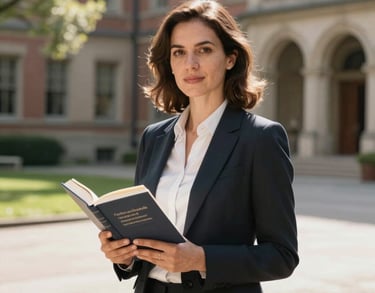 A portrait of a woman in professional attire holding a book, standing in a sun-drenched academic courtyard. The setting reflects international education and progress.