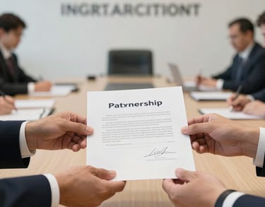 A focused shot of two pairs of hands exchanging a signed academic partnership document. The setting is a bright, professional conference room in an international institution. Soft, natural daylight.