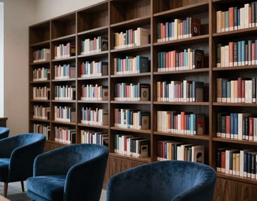 A minimalist, modern library interior with dark wood bookshelves and blue velvet chairs. The lighting is soft and conducive to deep focus and academic rigor.