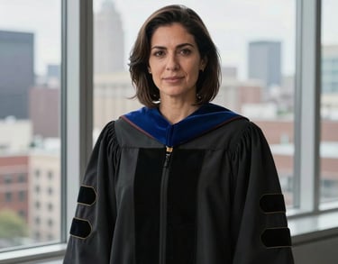 A professional portrait of a woman in academic attire, standing before a large window with a cityscape view. The lighting is crisp and inspires leadership. North American / International context.