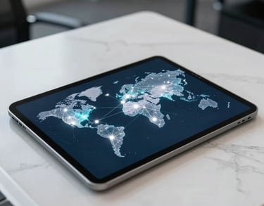 A close-up of a digital tablet displaying a global connectivity map with glowing nodes, sitting on a clean, white marble desk in a North American office setting. Professional and sleek lighting.