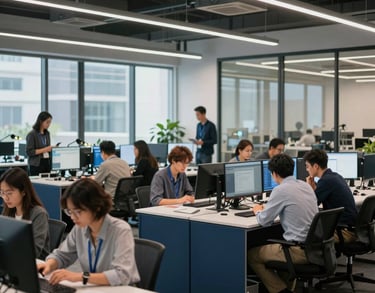 An interior shot of a collaborative workspace with glass walls and dark blue furniture. Small groups are working together in a high-tech North American research environment.