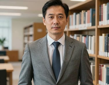 A portrait of a mid-career male professional in a gray suit, standing in a brightly lit modern library. He embodies academic rigor and international connectivity.