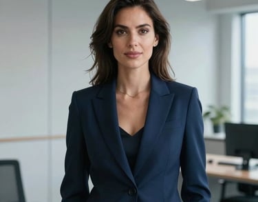 A professional portrait of a woman with a confident expression, wearing a navy blue blazer, standing in a modern office with light gray accents. North American / International.