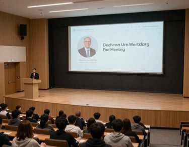 A wide shot of a modern university auditorium during a lecture. The lighting is focused on the stage, reflecting an atmosphere of academic excellence and leadership training.