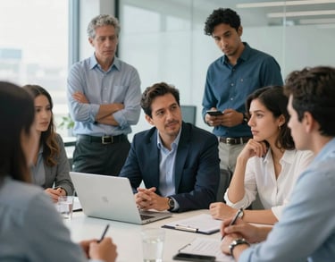 A group of Latin American entrepreneurs engaged in a dynamic brainstorming session in a bright, modern office with soft blue accents, professional atmosphere.