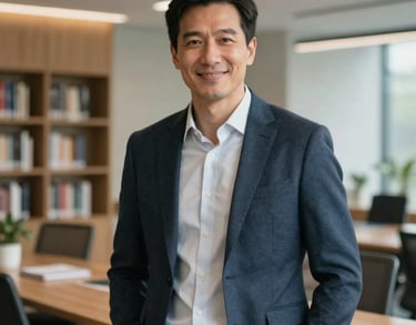 A portrait of a male business expert in a smart casual outfit, standing in a library-style modern office, confident and friendly expression.